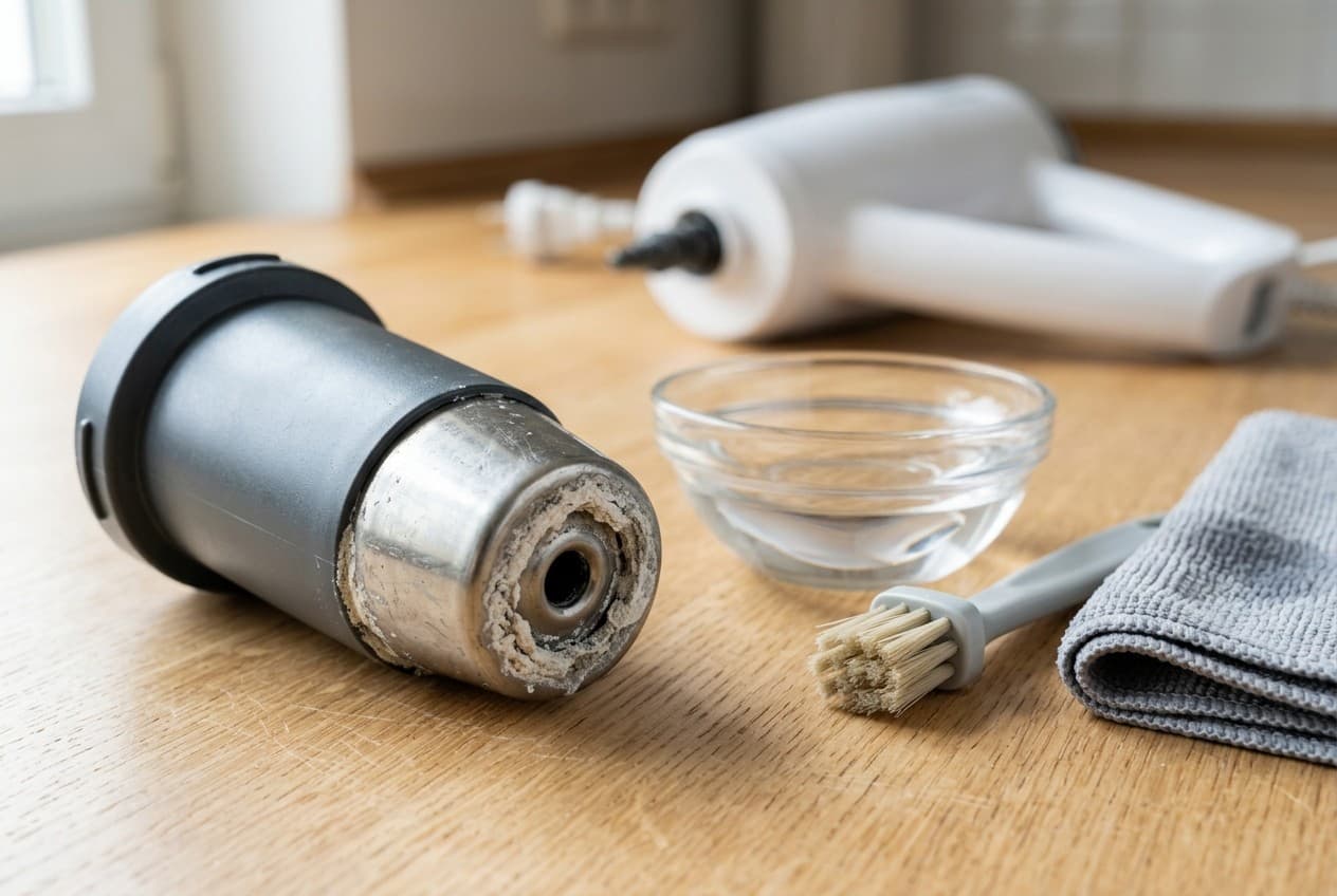 Buse de nettoyeur vapeur encrassée de dépôts blancs de calcaire, posée près d'un détartrant et d'une brosse