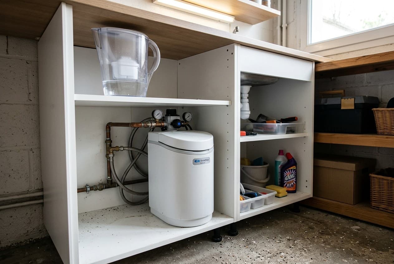 Adoucisseur d'eau installé sous évier avec carafe filtrante, solutions contre les nitrates dans l'eau
