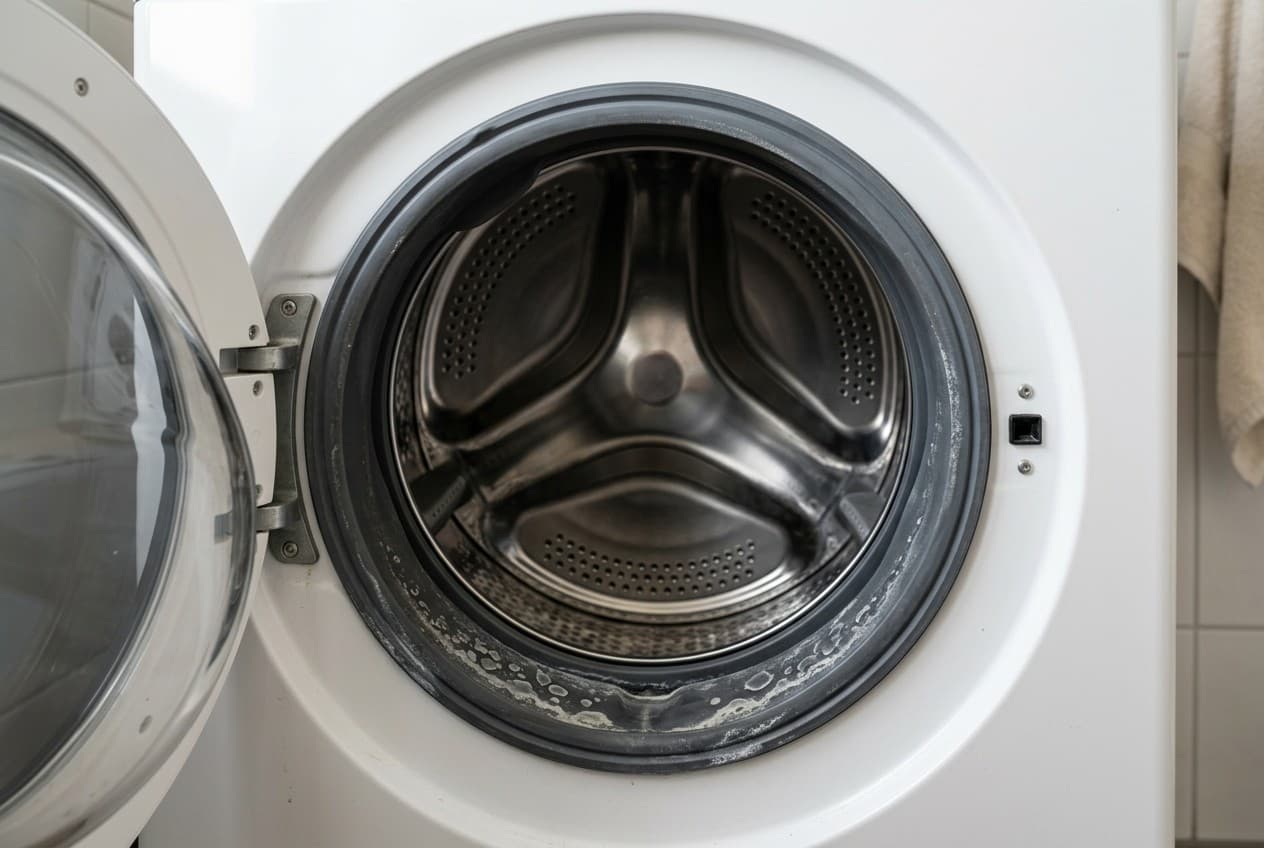 Joint et tambour d'un lave-linge avec dépôts de calcaire visibles autour du hublot ouvert
