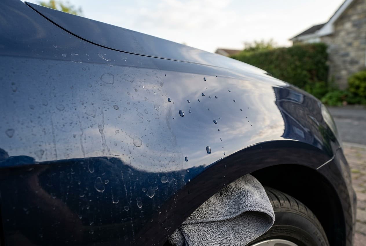 Aile de voiture bleue à moitié ternie par des auréoles calcaires, l'autre moitié protégée et brillante