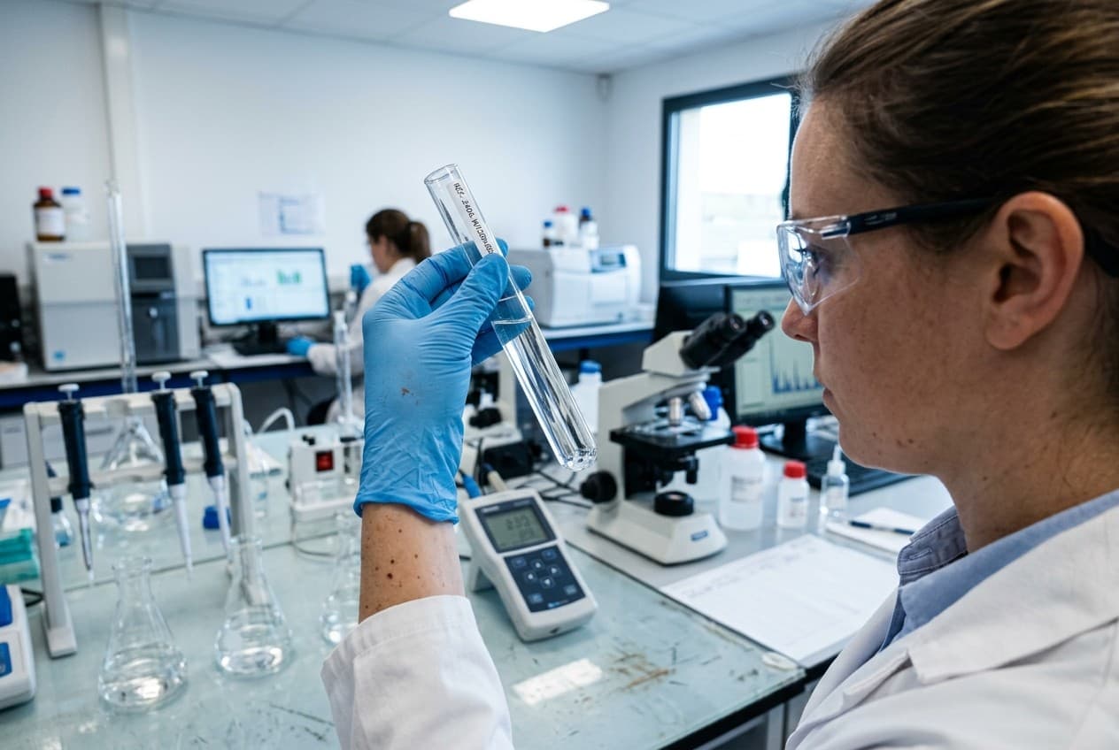 Technicienne de laboratoire analysant un tube d'eau pour détecter les PFAS polluants éternels
