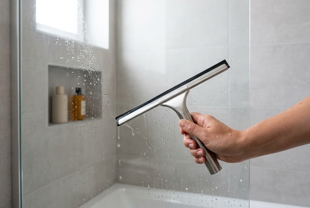 Utilisation d'une raclette de douche pour prévenir le calcaire sur paroi en verre