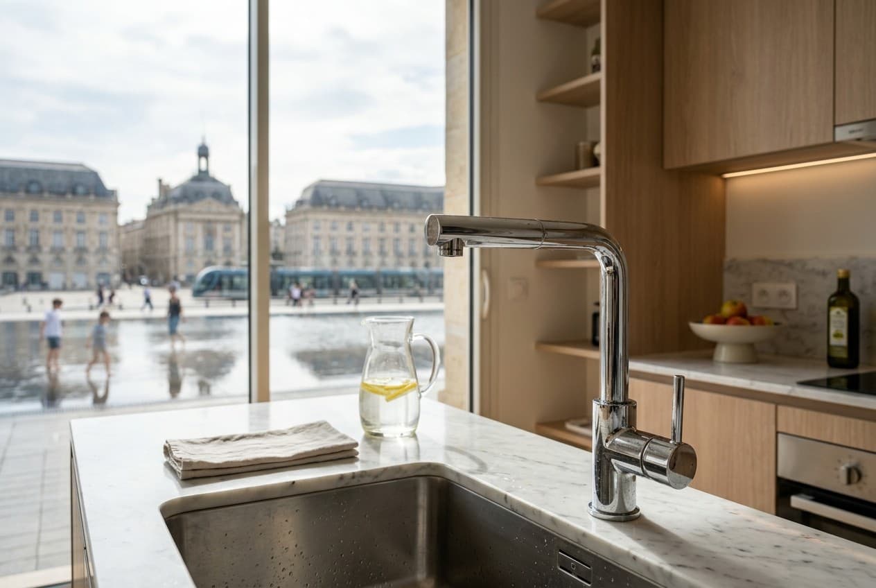 Verre d'eau du robinet à Bordeaux avec le Miroir d'eau en arrière-plan