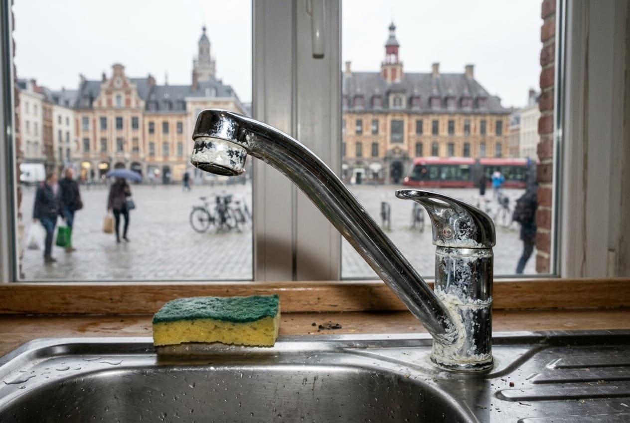 Robinet avec dépôt calcaire visible, Grand-Place de Lille en arrière-plan