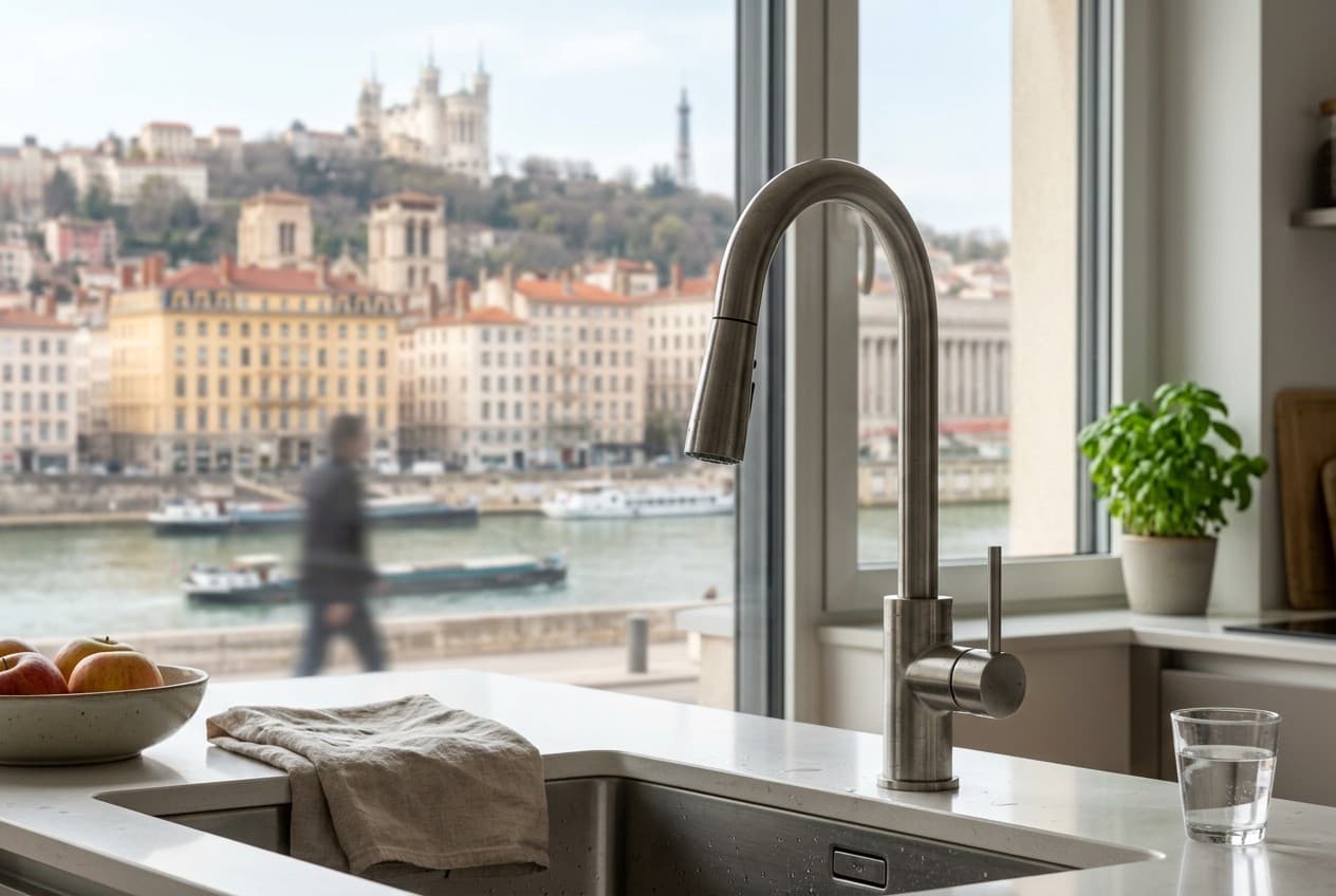 Verre d'eau du robinet à Lyon avec vue sur la Saône et la presqu'île