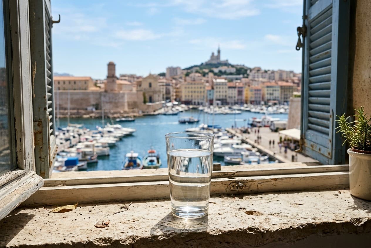 Verre d'eau du robinet à Marseille avec le Vieux-Port en arrière-plan