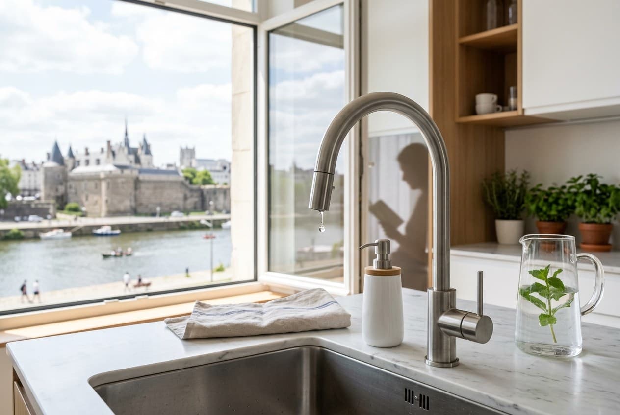 Robinet propre sans dépôt calcaire à Nantes, Loire visible par la fenêtre