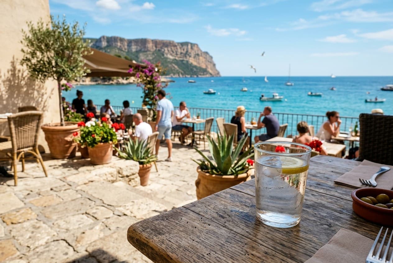 Verre d'eau du robinet à Nice avec la Promenade des Anglais et la mer en arrière-plan