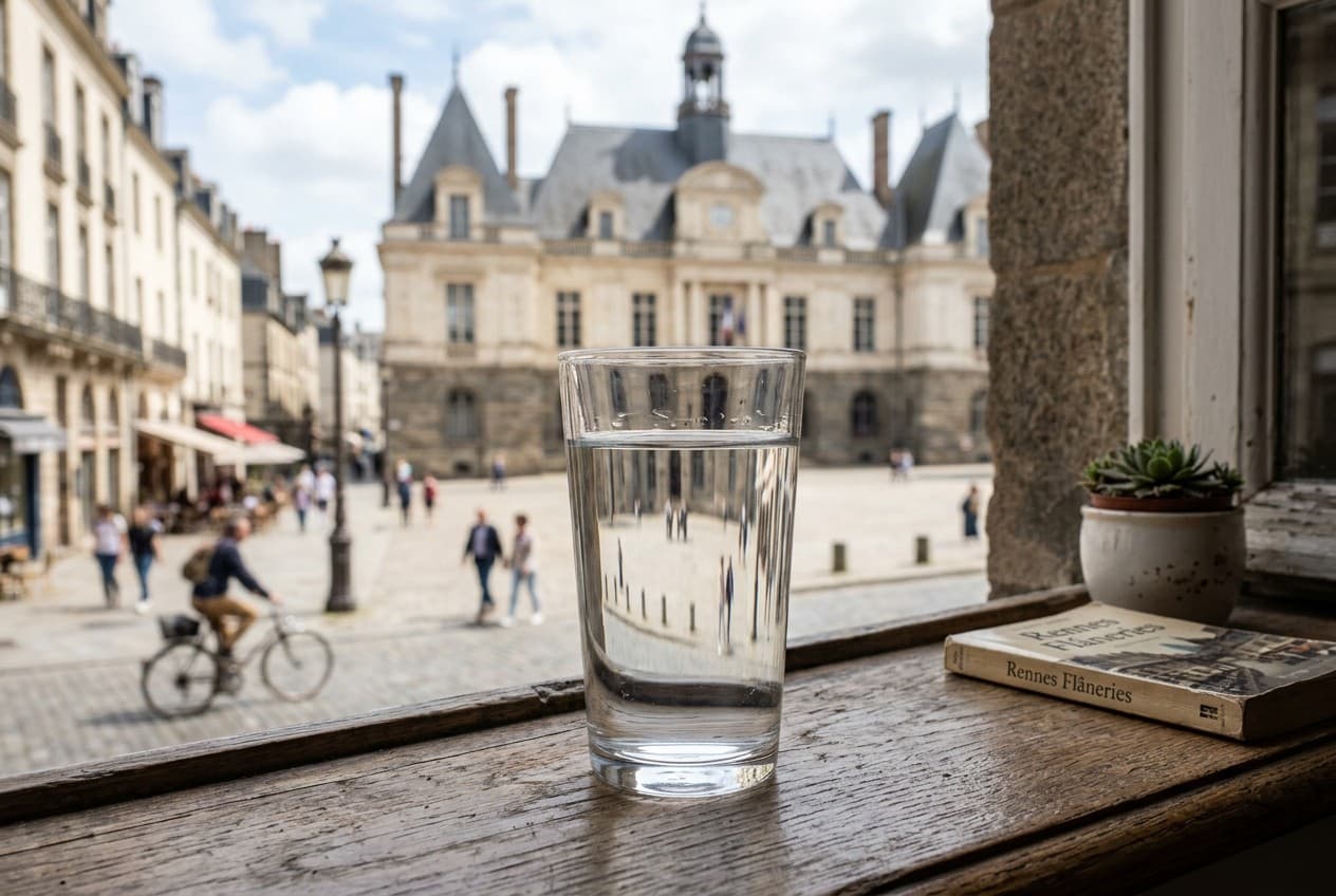 Verre d'eau du robinet à Rennes avec le Parlement de Bretagne en arrière-plan