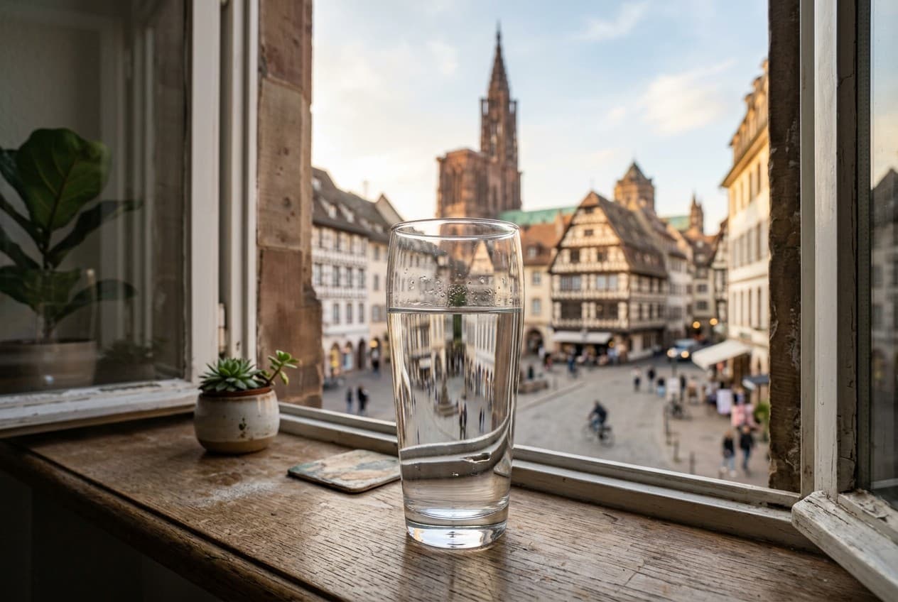 Verre d'eau du robinet à Strasbourg avec la cathédrale Notre-Dame en arrière-plan