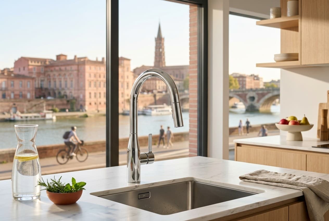 Robinet sans calcaire à Toulouse, vue sur le Capitole ou la Garonne