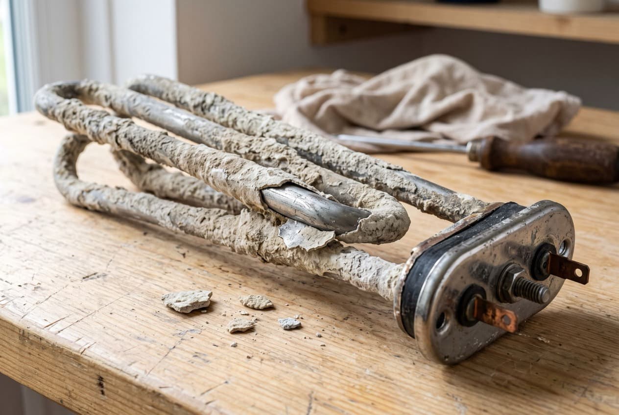 Résistance de lave-linge recouverte de dépôts de calcaire blanchâtres, gros plan technique