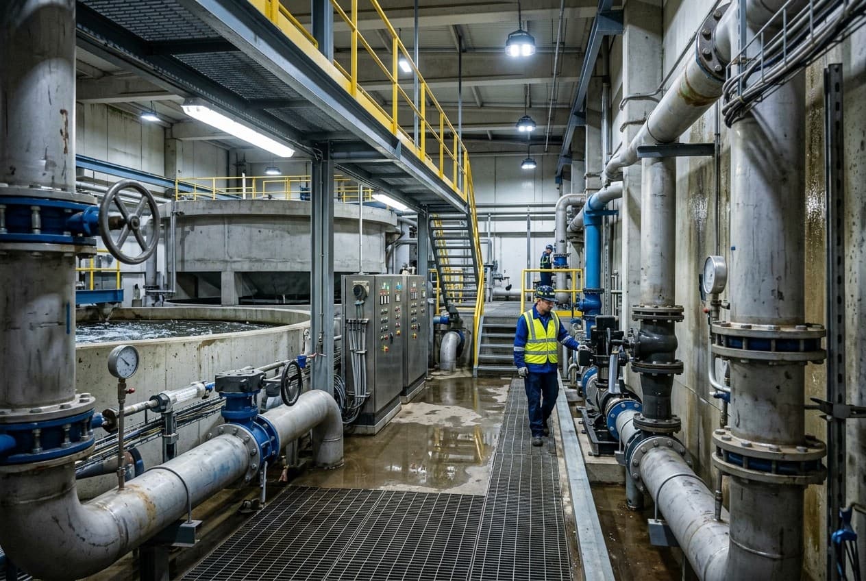 Station de traitement d'eau potable industrielle avec tuyaux et pompes, anciens réseaux Suez et Veolia