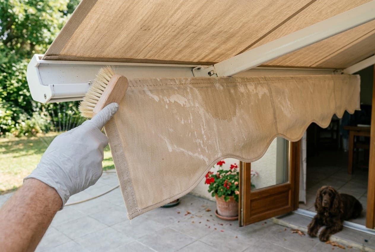 Toile de store banne beige avec des taches calcaires blanchâtres brossées délicatement sur une terrasse