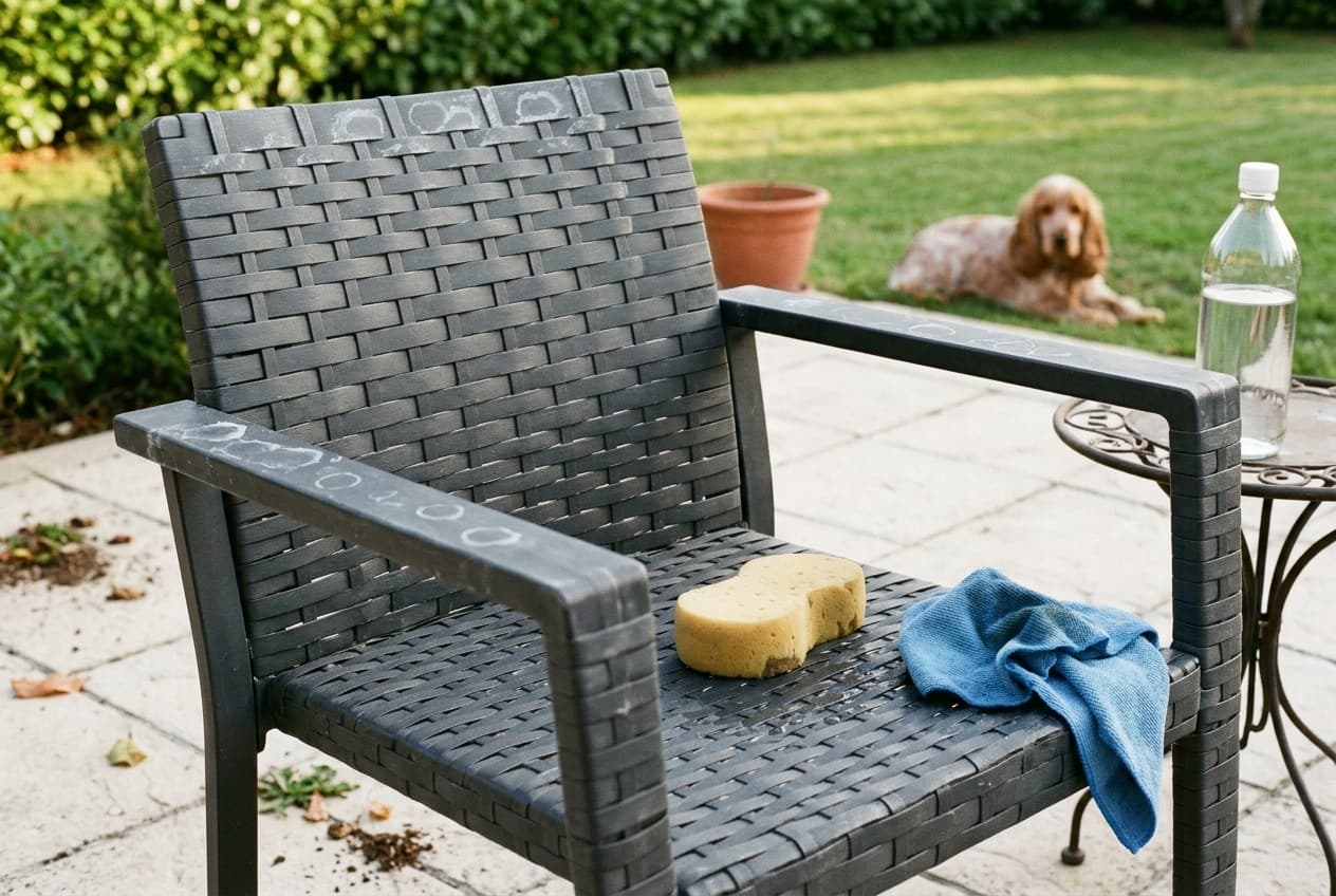 Chaise de jardin en résine grise recouverte de traces blanches de calcaire avec éponge douce et vinaigre blanc