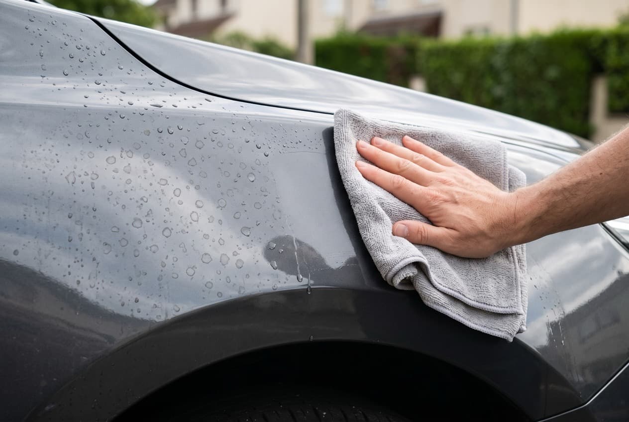 Aile de voiture anthracite avec auréoles de calcaire blanches, moitié essuyée au chiffon microfibre après lavage