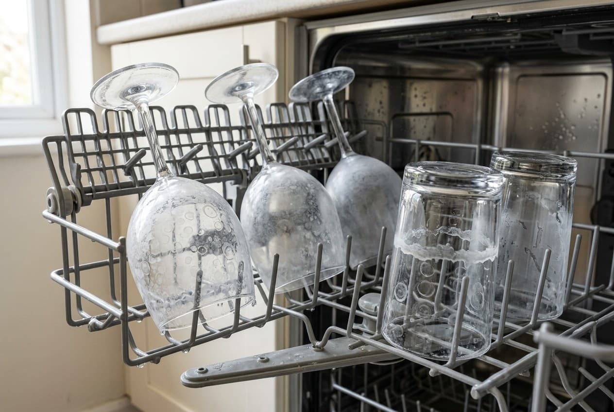 Verres à pied voilés de calcaire blanc posés dans le panier supérieur d'un lave-vaisselle ouvert